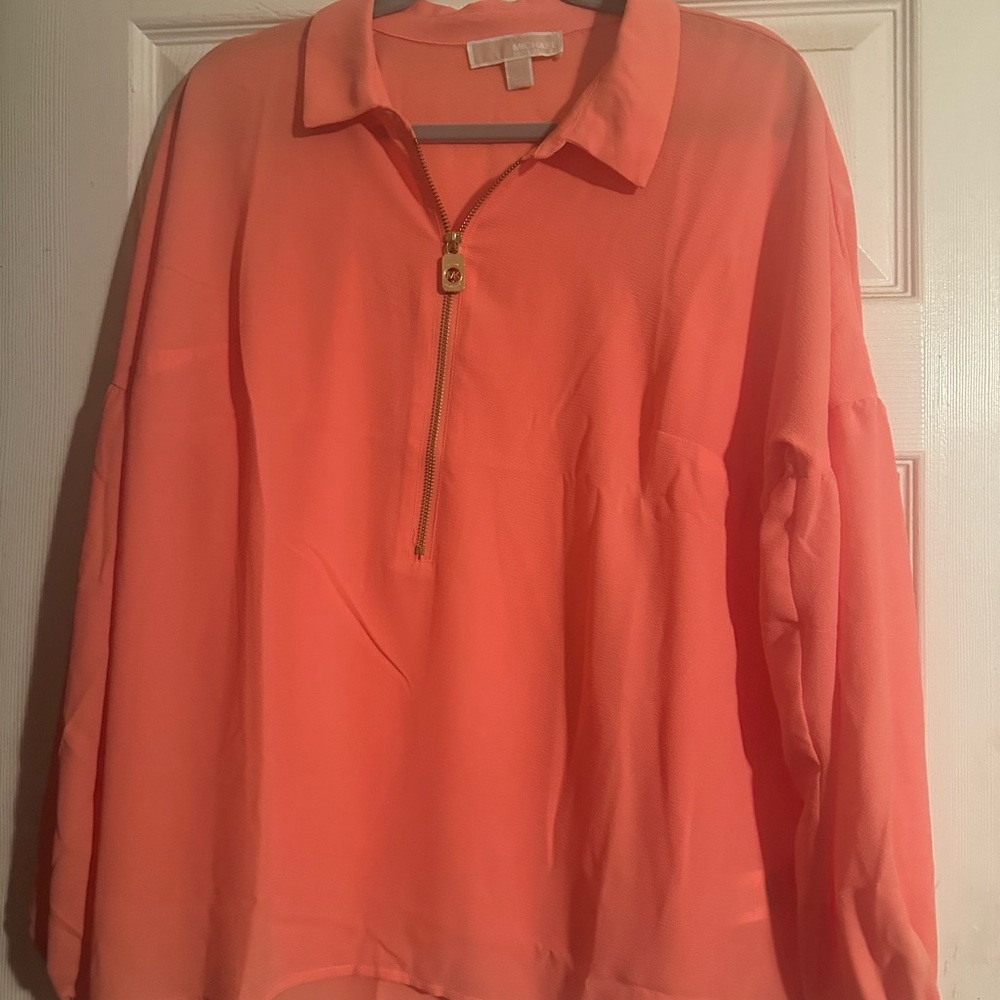 New Michael Kors Vibrant Coral Blouse with Zip Detail
